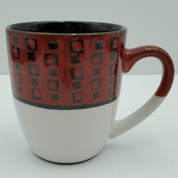 Pfaltzgraff Everyday Jaxson Mugs Black Squares on Deep Brick Red Border - Picture 6 of 9